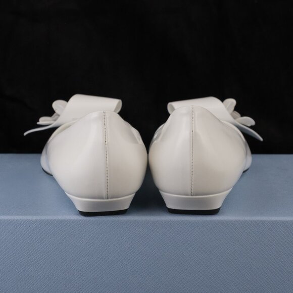 Prada Sculptural Twist Floral-Appliqued Ballerina Flats, White Polished Leather - Picture 5 of 12